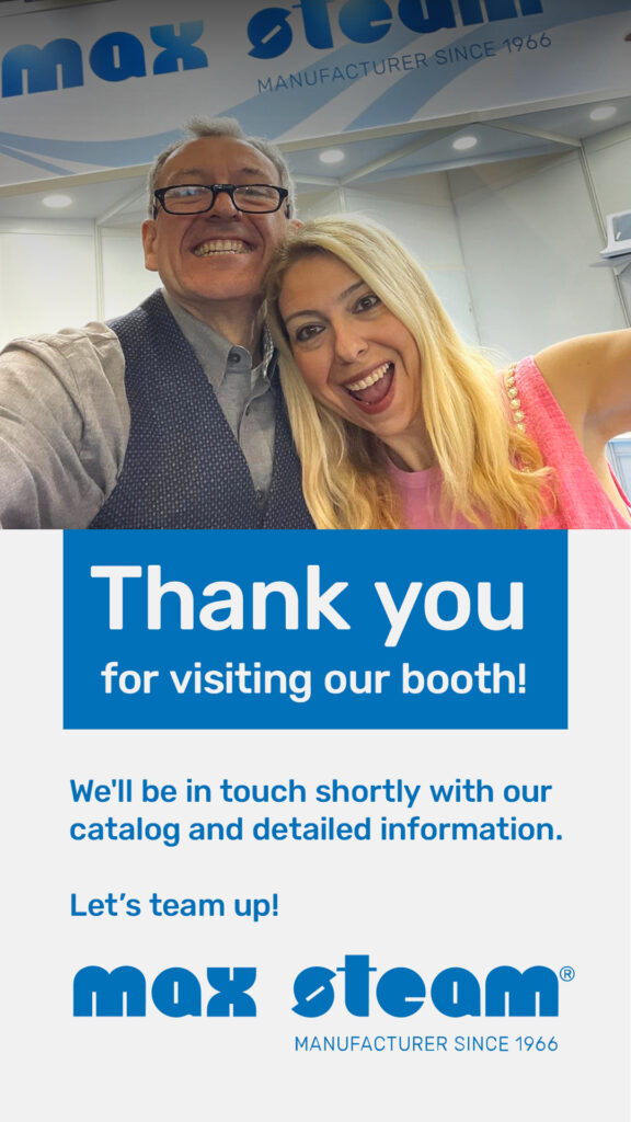 Smiling Elisabetta and Davide Burani thanking for visiting their stand at IDS